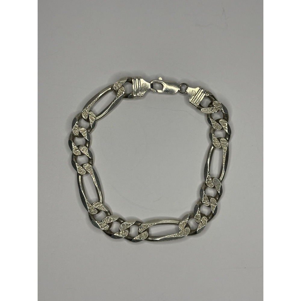 Heavy 925 Sterling Silver Figaro Bracelet 9" Textured Italian Chain